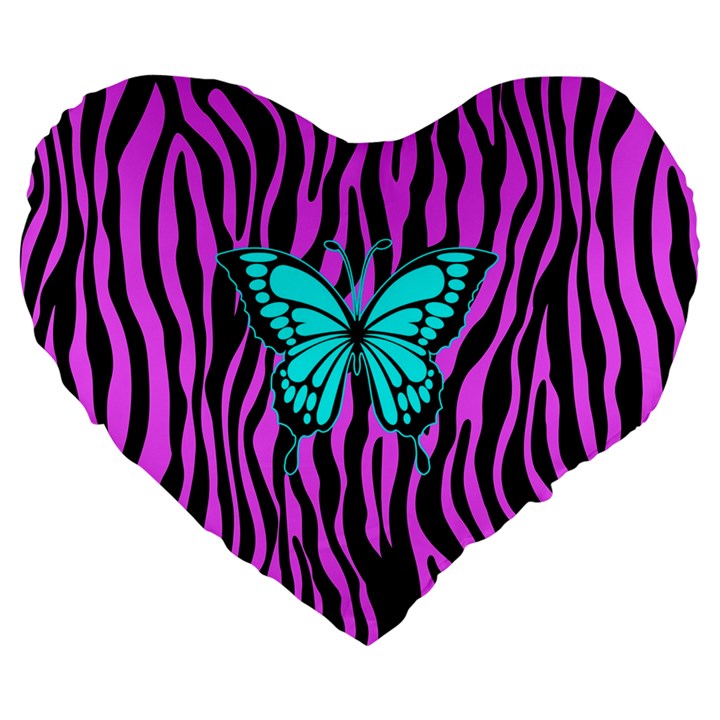 Zebra Stripes Black Pink   Butterfly Turquoise Large 19  Premium Heart Shape Cushions