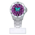 Zebra Stripes Black Pink   Butterfly Turquoise Plastic Nurses Watch Front