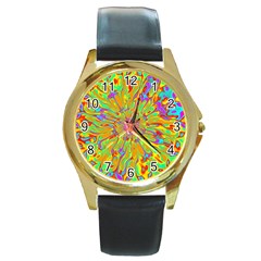 Magic Ripples Flower Power Mandala Neon Colored Round Gold Metal Watch by EDDArt