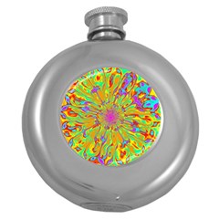 Magic Ripples Flower Power Mandala Neon Colored Round Hip Flask (5 Oz) by EDDArt