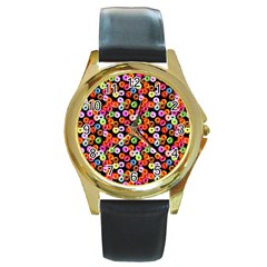 Colorful Yummy Donuts Pattern Round Gold Metal Watch by EDDArt