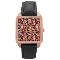 Colorful Yummy Donuts Pattern Rose Gold Leather Watch  by EDDArt