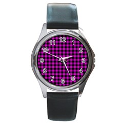 Lumberjack Fabric Pattern Pink Black Round Metal Watch by EDDArt