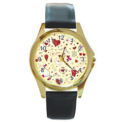 Valentinstag Love Hearts Pattern Red Yellow Round Gold Metal Watch by EDDArt