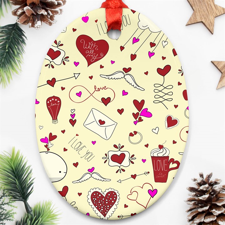 Valentinstag Love Hearts Pattern Red Yellow Oval Ornament (Two Sides)