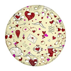 Valentinstag Love Hearts Pattern Red Yellow Round Filigree Ornament (two Sides) by EDDArt