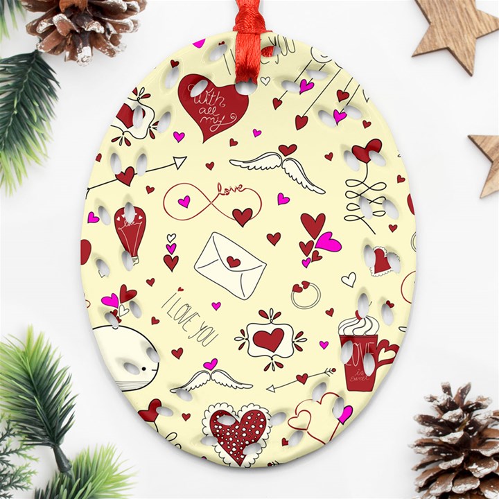 Valentinstag Love Hearts Pattern Red Yellow Ornament (Oval Filigree)