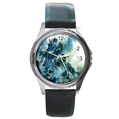 Flowers And Feathers Background Design Round Metal Watch by TastefulDesigns