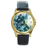 Flowers And Feathers Background Design Round Gold Metal Watch Front