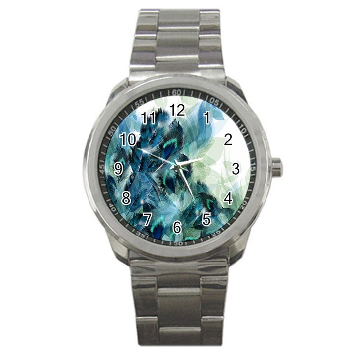 Flowers And Feathers Background Design Sport Metal Watch