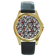 Skulls And Roses Pattern  Round Gold Metal Watch by Valentinaart