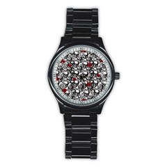 Skulls And Roses Pattern  Stainless Steel Round Watch by Valentinaart