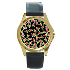 Candy Pattern Round Gold Metal Watch by Valentinaart