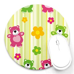 Animals Bear Flower Floral Line Red Green Pink Yellow Sunflower Star Round Mousepads by Mariart