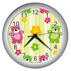 Animals Bear Flower Floral Line Red Green Pink Yellow Sunflower Star Wall Clocks (silver)  by Mariart