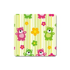 Animals Bear Flower Floral Line Red Green Pink Yellow Sunflower Star Square Magnet by Mariart