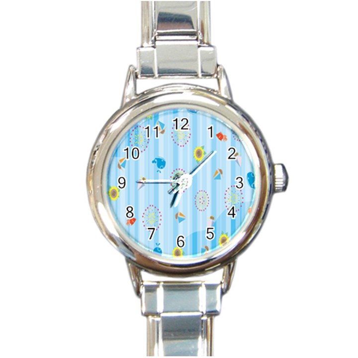 Animals Whale Sunflower Ship Flower Floral Sea Beach Blue Fish Round Italian Charm Watch