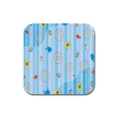 Animals Whale Sunflower Ship Flower Floral Sea Beach Blue Fish Rubber Square Coaster (4 Pack)  by Mariart