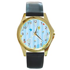 Animals Whale Sunflower Ship Flower Floral Sea Beach Blue Fish Round Gold Metal Watch by Mariart