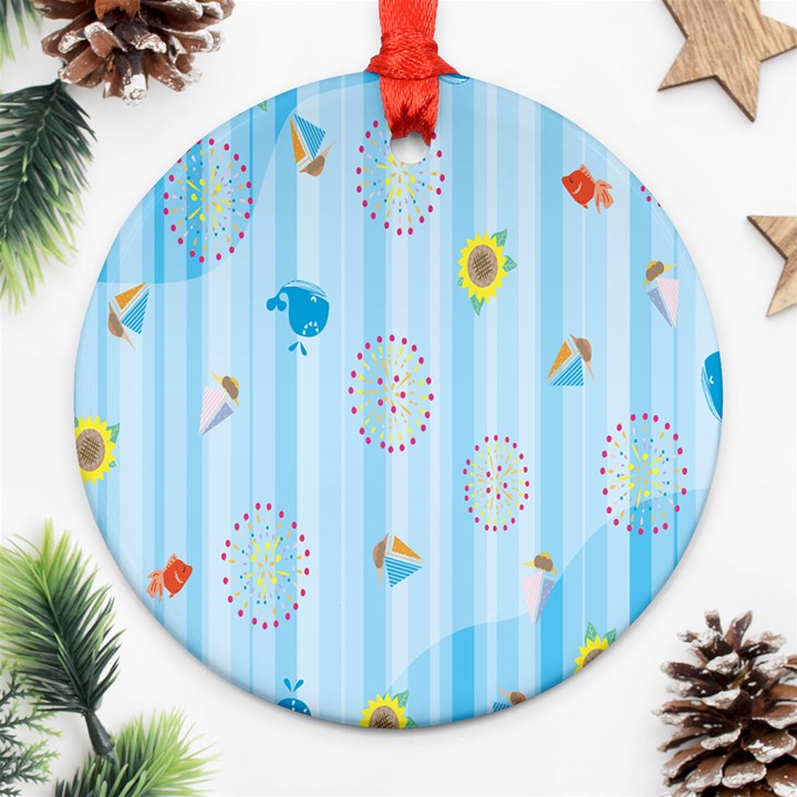 Animals Whale Sunflower Ship Flower Floral Sea Beach Blue Fish Round Ornament (Two Sides)