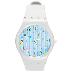 Animals Whale Sunflower Ship Flower Floral Sea Beach Blue Fish Round Plastic Sport Watch (m) by Mariart