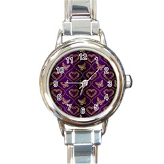 Flower Butterfly Gold Purple Heart Love Round Italian Charm Watch