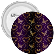 Flower Butterfly Gold Purple Heart Love 3  Buttons by Mariart