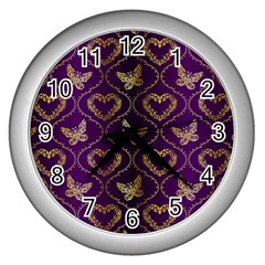 Flower Butterfly Gold Purple Heart Love Wall Clocks (silver)  by Mariart