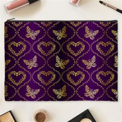 Flower Butterfly Gold Purple Heart Love Cosmetic Bag (xxxl)  by Mariart