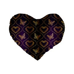 Flower Butterfly Gold Purple Heart Love Standard 16  Premium Flano Heart Shape Cushions by Mariart