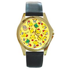 Animals Yellow Chicken Chicks Worm Green Round Gold Metal Watch