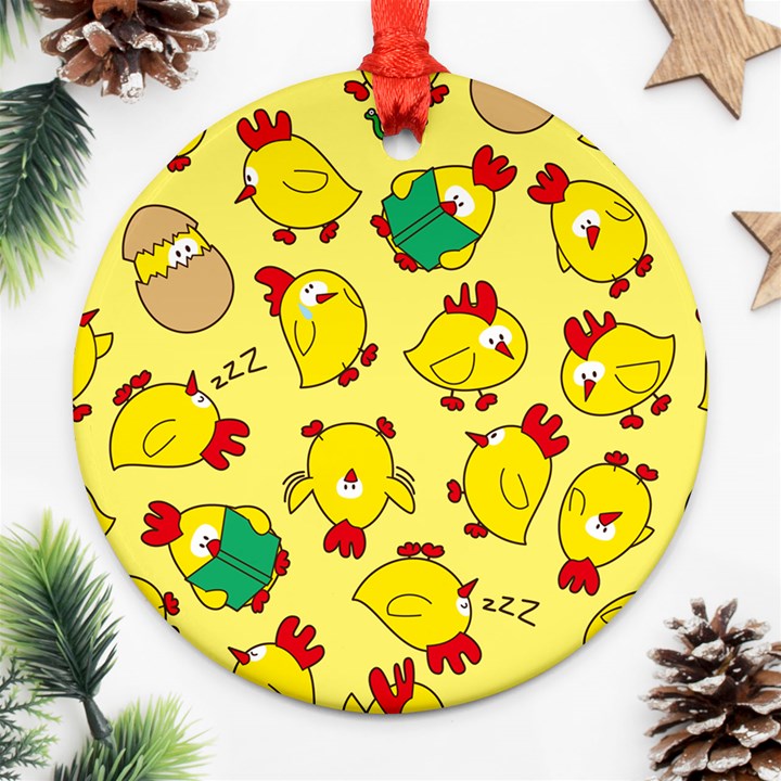 Animals Yellow Chicken Chicks Worm Green Round Ornament (Two Sides)