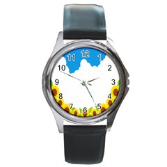 Cloud Blue Sky Sunflower Yellow Green White Round Metal Watch by Mariart