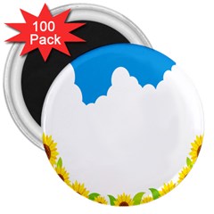 Cloud Blue Sky Sunflower Yellow Green White 3  Magnets (100 Pack)