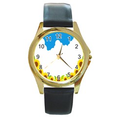 Cloud Blue Sky Sunflower Yellow Green White Round Gold Metal Watch by Mariart