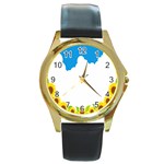 Cloud Blue Sky Sunflower Yellow Green White Round Gold Metal Watch Front