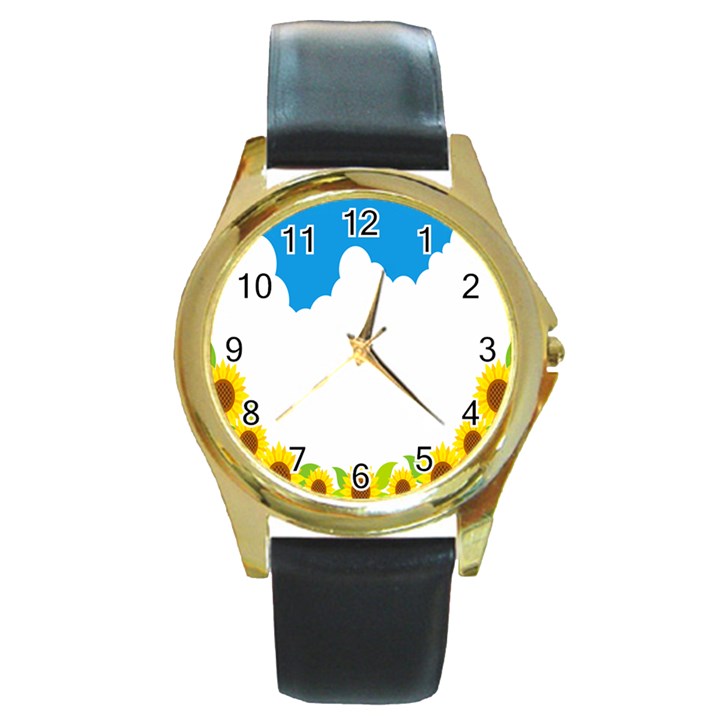 Cloud Blue Sky Sunflower Yellow Green White Round Gold Metal Watch