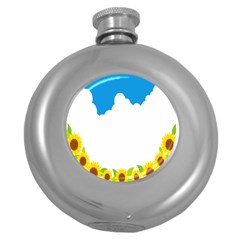 Cloud Blue Sky Sunflower Yellow Green White Round Hip Flask (5 Oz) by Mariart