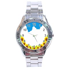 Cloud Blue Sky Sunflower Yellow Green White Stainless Steel Analogue Watch by Mariart