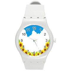 Cloud Blue Sky Sunflower Yellow Green White Round Plastic Sport Watch (m) by Mariart