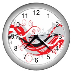 Flower Floral Star Red Wave Wall Clocks (silver)  by Mariart