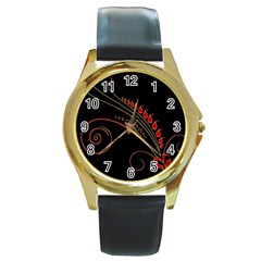 Flower Leaf Red Black Round Gold Metal Watch by Mariart