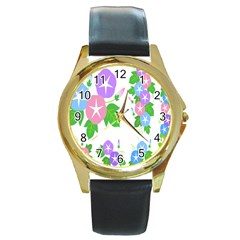 Flower Floral Star Purple Pink Blue Leaf Round Gold Metal Watch by Mariart