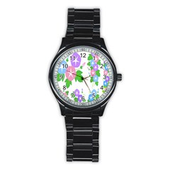 Flower Floral Star Purple Pink Blue Leaf Stainless Steel Round Watch by Mariart