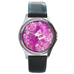 Flower Butterfly Pink Round Metal Watch by Mariart