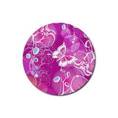 Flower Butterfly Pink Rubber Round Coaster (4 Pack) 