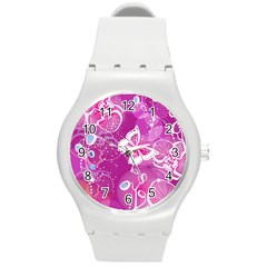 Flower Butterfly Pink Round Plastic Sport Watch (m) by Mariart