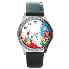 Flower Floral Papper Butterfly Star Sunflower Red Blue Green Leaf Round Metal Watch