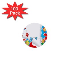 Flower Floral Papper Butterfly Star Sunflower Red Blue Green Leaf 1  Mini Buttons (100 Pack)  by Mariart