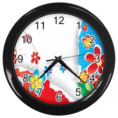 Flower Floral Papper Butterfly Star Sunflower Red Blue Green Leaf Wall Clocks (black) by Mariart